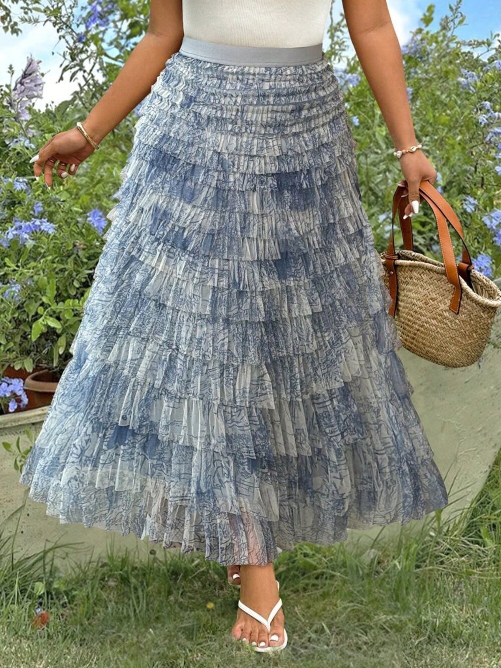 Dusty Blue Party Women's Plus Size Ruched Gradient Hem Long Skirt - Picture 3 of 3